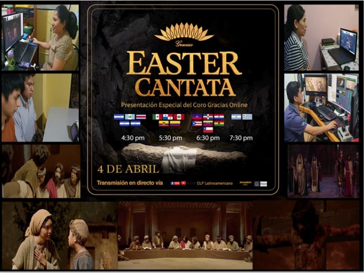 그라시아스 합창단의 부활절 칸타타 포스터와 장면들 그리고 시청하고 있는 칸타타 참석자들
