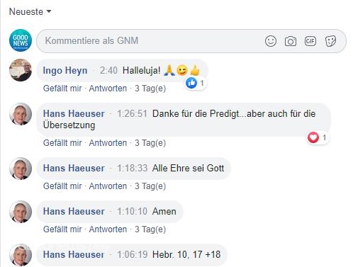 말씀을 듣고 독일 GNM 페이스북 페이지에 소감을 남긴 한스 호이슬러 목사
