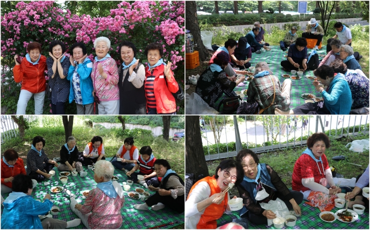 대전실버대학 교사들이 정성껏 준비한 도시락으로 점심식사 중인 모습